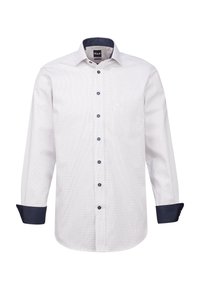 Camicia a maniche lunghe da uomo in bianco e blu a quadri, con polsini blu, bottoni a contrasto e una tasca sul petto.