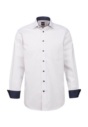 Hemd mit langen Ärmeln für Herren in einem weißen und marineblauen Karomuster, mit marinen Bündchen, kontrastierenden Knöpfen und einer einzelnen Brusttasche.