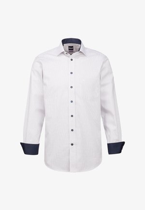 Camicia a maniche lunghe da uomo in bianco e blu a quadri, con polsini blu, bottoni a contrasto e una tasca sul petto.