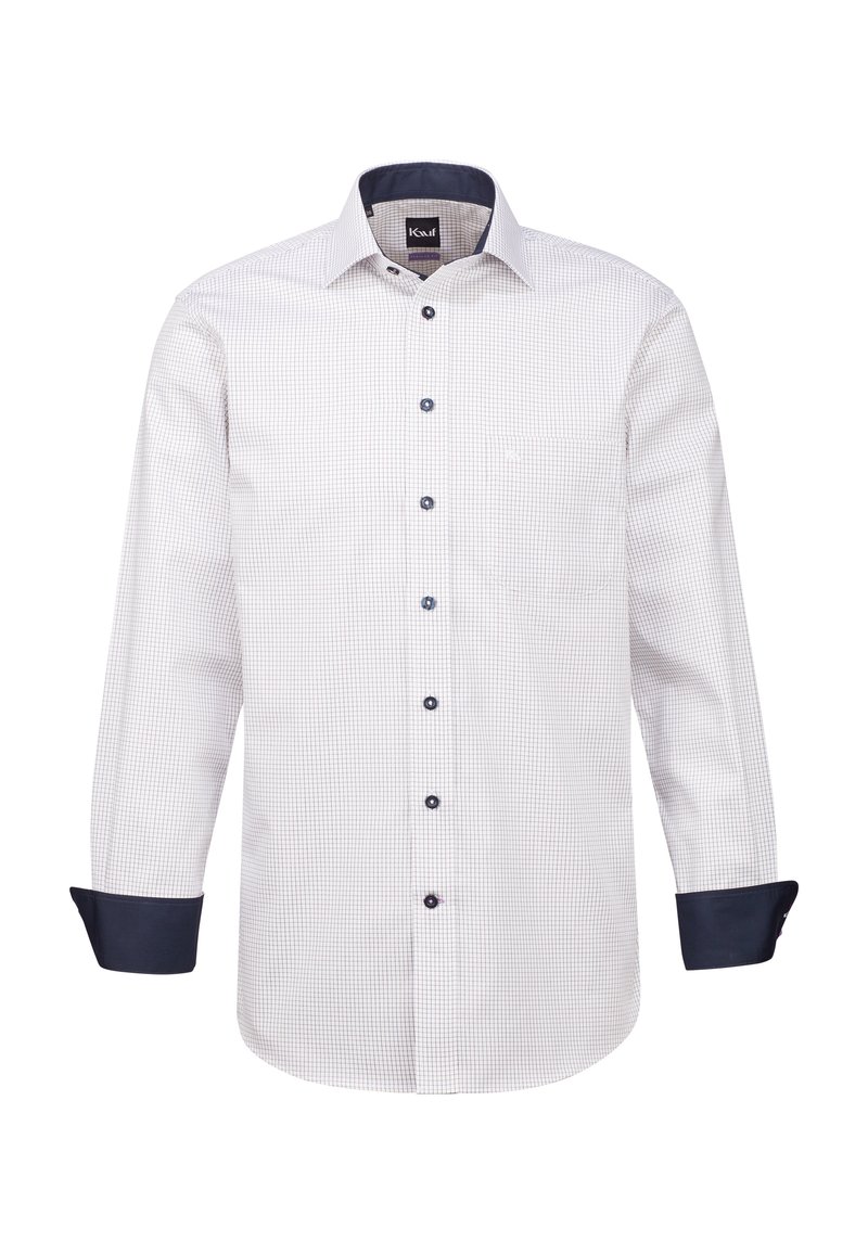 Camicia a maniche lunghe da uomo in bianco e blu a quadri, con polsini blu, bottoni a contrasto e una tasca sul petto.
