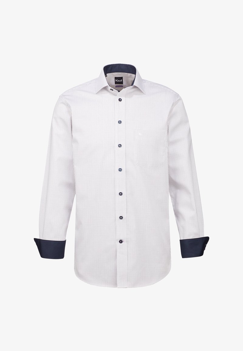 Camicia a maniche lunghe da uomo in bianco e blu a quadri, con polsini blu, bottoni a contrasto e una tasca sul petto.