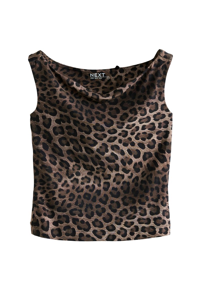 Top sans manches en imprimé léopard avec un décolleté drapé ouvert, fabriqué dans un tissu lisse mélangeant des nuances de marron et de noir.