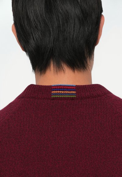 Maglione bordeaux visto da dietro con un motivo a maglia testurizzato. Presenta un accento a strisce multicolori sul collo, che evidenzia verde, blu, arancione e rosso.