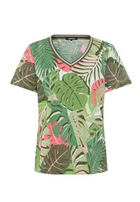 Groene en roze V-hals T-shirt met een bladerenpatroon in verschillende tinten groen en roze, gemaakt van een gestructureerde, lichtgewicht stof.