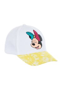 Cappello bianco con una visiera in tinta unita gialla, caratterizzato da un'illustrazione luccicante del volto di un personaggio sul davanti, decorato con fiocchi colorati.