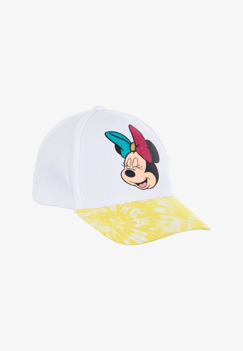 Cappello bianco con una visiera in tinta unita gialla, caratterizzato da un'illustrazione luccicante del volto di un personaggio sul davanti, decorato con fiocchi colorati.