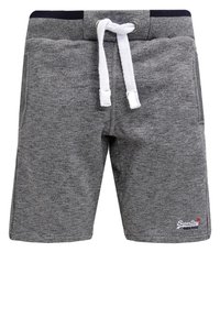 Shorts décontractés en maille grise avec cordon blanc, taille élastique, poches avant et petit logo SuperDry sur la jambe gauche.