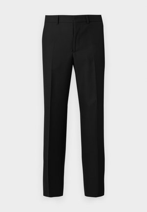 Zwarte op maat gemaakte broeken met een gladde textuur, met een recht gesneden ontwerp, voorplooien en een platte tailleband. Geen zichtbare zakken.