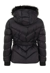 Schwarze Pufferjacke mit abnehmbarem Kapuzen, Fellbesatz und tailliertem Gürtel. Verfügt über eine Zickzack-Steppung und gerippte Bündchen.