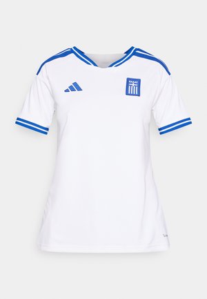 Maillot de football blanc à rayures bleues. Il présente un col en V, des accents bleus aux épaules et un emblème national brodé. Confectionné en matière respirante.