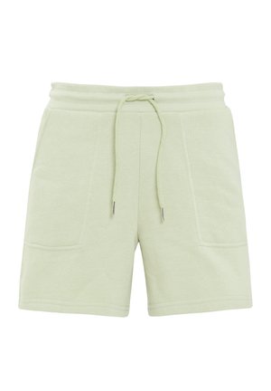 Shorts en mélange de coton vert clair avec une taille élastique, un cordon de serrage réglable et deux poches avant. Texture lisse et design décontracté.