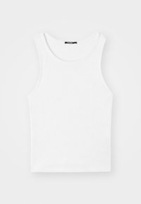 Bílý, bezrukávový top s ribbovanou texturou a kulatým výstřihem. Vyrobený z měkké látky, s klasickým střihem a minimalistickým designem.