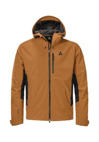 Brown waterproof jacket with a hood, contrasting black side panels, zippered pockets, and a logo on the chest. Smooth fabric texture.