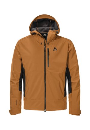 Braune wasserdichte Jacke mit Kapuze, kontrastierenden schwarzen Seitenpaneelen, Reißverschlusstaschen und einem Logo auf der Brust. Glatte Stoffoberfläche.