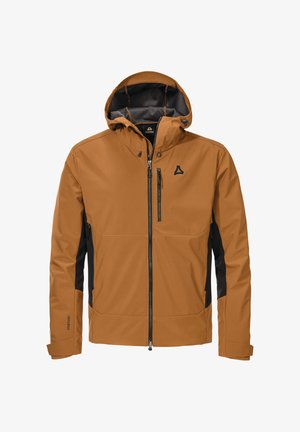 Braune wasserdichte Jacke mit Kapuze, kontrastierenden schwarzen Seitenpaneelen, Reißverschlusstaschen und einem Logo auf der Brust. Glatte Stoffoberfläche.