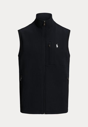 Veste sans manches en polaire noire avec col montant, fermeture éclair à l'avant, une poche verticale sur la poitrine et deux poches latérales. Présente un petit logo sur la poitrine.