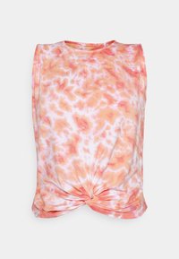 Sleeveless top in soft fabric, featuring an orange and pink tie-dye pattern with a twisted knot detail at the hem and a round neckline.
