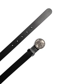 Black leather belt with a smooth texture, featuring a round metal buckle with a coin design and five holes for adjustment.