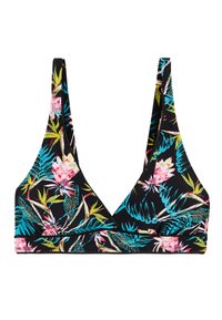 Haut de bikini noir avec un décolleté en V profond, des bretelles larges et un motif floral tropical en rose, vert et turquoise. Texture de tissu lisse.