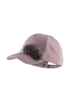 Hellrosa Baseballkappe aus Baumwolle, mit zwei dunkelgrauen Stoffblumen auf der Vorderseite, gewölbtem Schirm und verstellbarem Riemen.