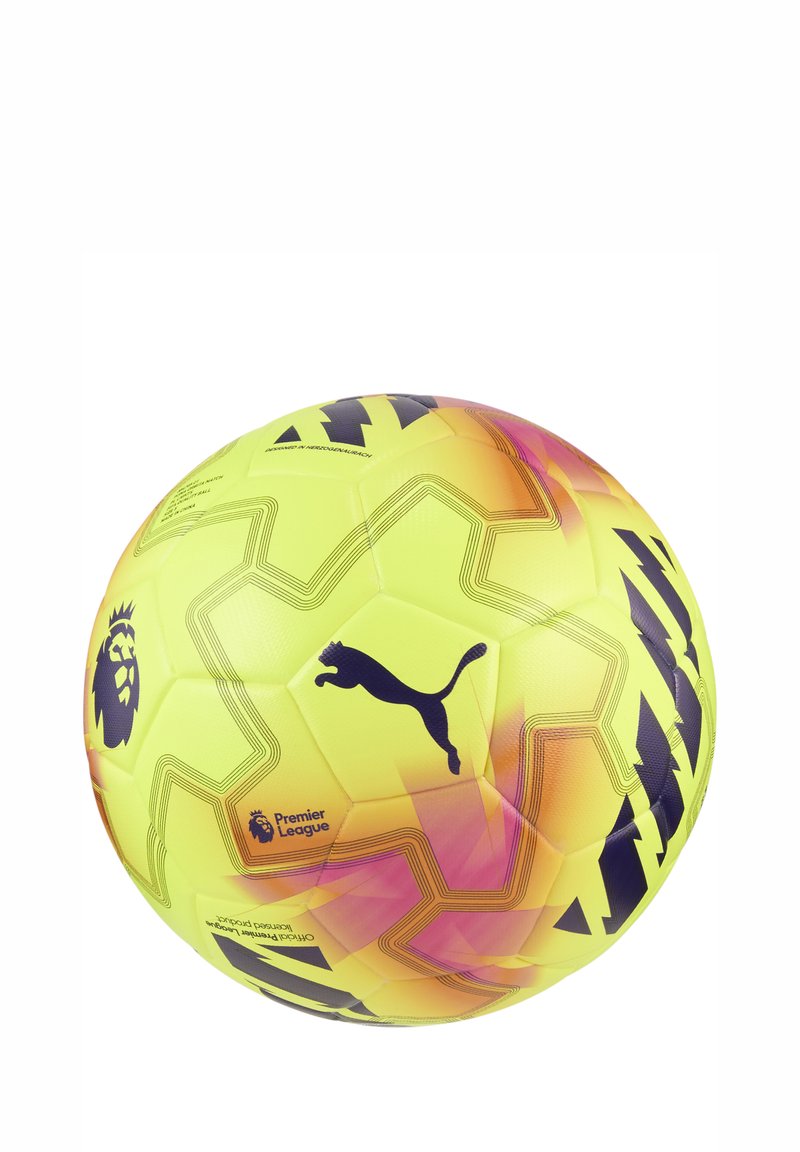 Pallone da calcio rotondo giallo con accenti arancioni sfumati, logo Puma nero e marchio Premier League. Presenta pannelli esagonali e superficie testurizzata.