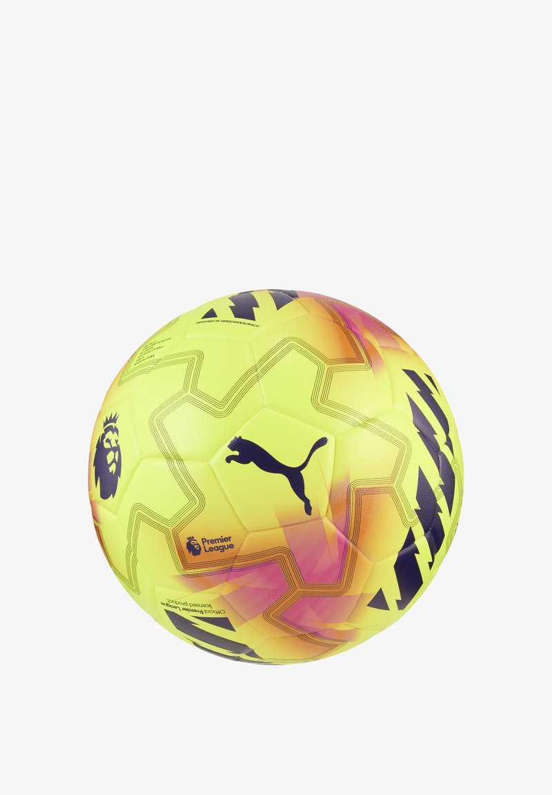 Rund gul fodbold med gradienter i orange, sort Puma-logo og Premier League-mærkning. Har hexagonale paneler og en struktureret overflade.