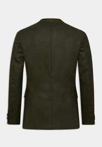 Dunkelgrüner Fischgrät-Blazer mit strukturierten Schultern, einem Schlitz und zwei Knopfverschluss. Besitzt eine glatte Textur und eine maßgeschneiderte Passform.