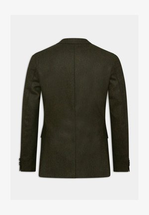 Dark green herringbone blazer with structured shoulders, single vent, and two button closures. Features a smooth texture and tailored fit.