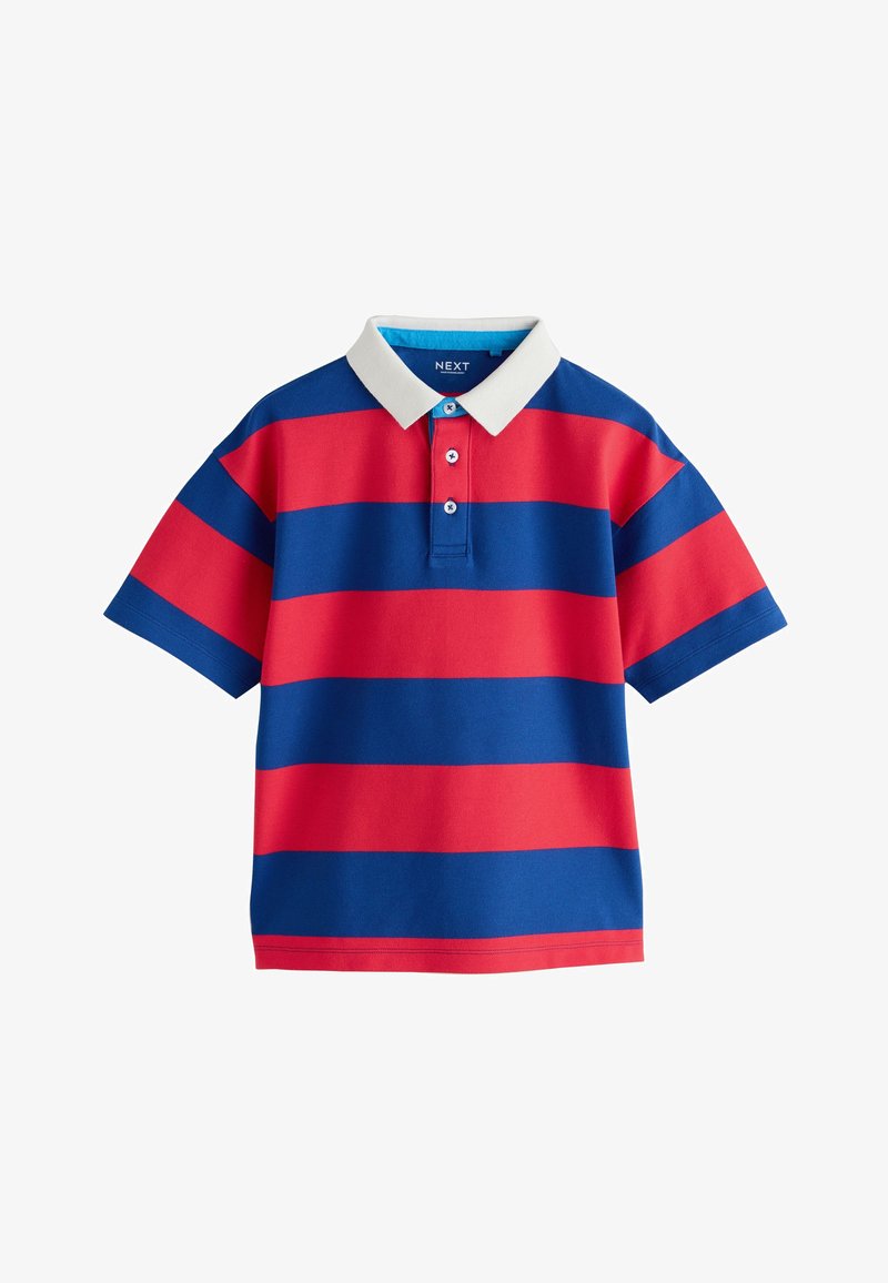 Polo à manches courtes avec de larges rayures horizontales rouges et bleues et un col blanc avec trois boutons.