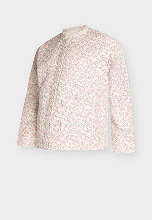 Długa kurtka z kremowego materiału z różowym kwiatowym wzorem, z kołnierzem stojącym, przednią kieszenią i zdobieniami w postaci wypustek.