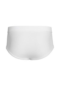 White cotton boyshort underwear with a smooth texture, wide elastic waistband, and curved hem. No visible logos or patterns.