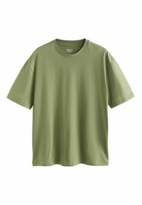 Oliivinvihreä puuvillainen T-paita, jossa on lyhyet hihat, pyöreä pääntie ja rento istuvuus. Yksinkertainen muotoilu ilman kuvioita tai koristuksia.