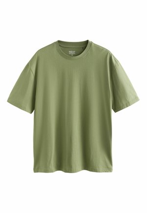 Olivgrünes Baumwoll-T-Shirt mit kurzen Ärmeln, Rundhalsausschnitt und lockerem Sitz. Schlichtes Design ohne Muster oder Verzierungen.