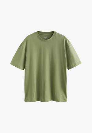 Olivgrünes Baumwoll-T-Shirt mit kurzen Ärmeln, Rundhalsausschnitt und lockerem Sitz. Schlichtes Design ohne Muster oder Verzierungen.