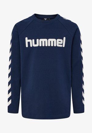 Marineblauwe sweatshirt met lange mouwen gemaakt van katoen, met wit "hummel" logo en een wit chevronpatroon langs de mouwen. Ronde hals, ontspannen fit.