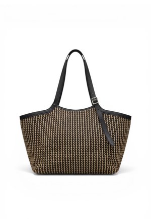Borsa tote con motivo intrecciato nero e marrone, rifinitura in pelle nera, tracolla regolabile e forma rettangolare semplice.
