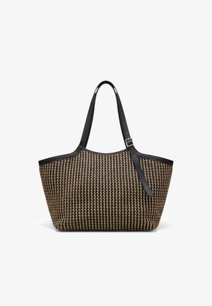 Borsa tote con motivo intrecciato nero e marrone, rifinitura in pelle nera, tracolla regolabile e forma rettangolare semplice.