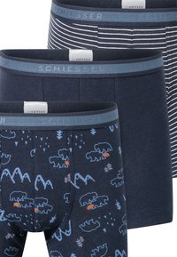Three pairs of men's underwear: one solid navy, one dark blue with striped pattern, and another featuring bears and mountains in dark and light blue.