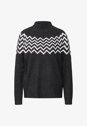 Dunkelgrauer Pullover mit hohem Kragen, der ein weißes Zickzackmuster über die Brust aufweist. Weicher Stoff, gerippte Bündchen und Saum.