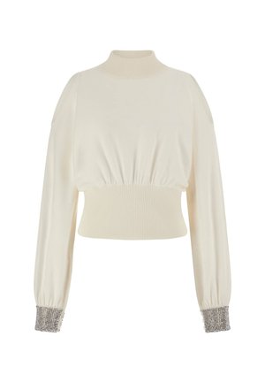 Cream-colored cropped sweater with a high neck, ribbed waist, and loose sleeves. Cuffs adorned with metallic bead detailing.