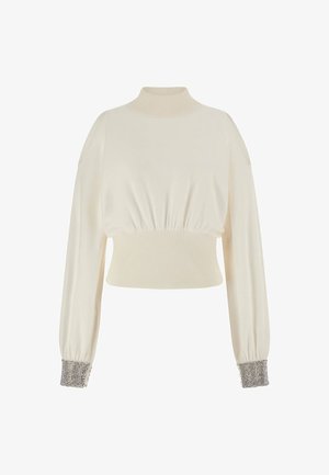 Cremfarbener, verkürzter Pullover mit hohem Kragen, geripptem Saum und lockeren Ärmeln. Die Bündchen sind mit metallischen Perlendetails verziert.