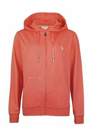 Coral zip-up hoodie made of soft fabric. Features two front pockets, drawstring hood, and a small logo on the chest.