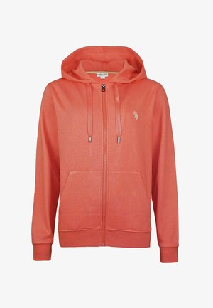 Coral zip-up hoodie made of soft fabric. Features two front pockets, drawstring hood, and a small logo on the chest.