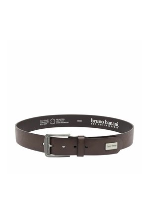 Ceinture en cuir marron avec boucle rectangulaire argentée et étiquette, taille 95 cm, marque "bruno banani" avec slogan "not for everybody" à l'intérieur.
