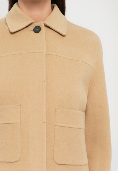 Beige Wollmantel mit Kragen, einem sichtbaren schwarzen Knopf und zwei aufgesetzten Taschen vorne, getragen von einer Person mit langen braunen Haaren.