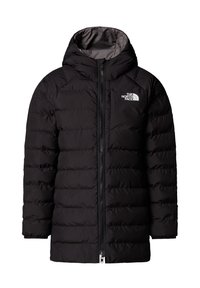 Veste rembourrée noire avec capuche, dotée d'une fermeture éclair frontale et d'un petit logo sur la poitrine. Tissu lisse avec texture matelassée et poignets renforcés.