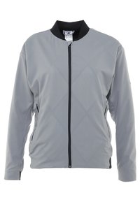 Grå jacka med diamantmönster, dragkedjestängning, svarta detaljer och ståkrage. Tillverkad av ett lättviktigt tyg. Sidofickor ingår.