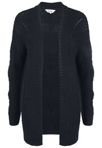 Svart stickad kofta med öppen front, ribbade kanter och texturerade mönster på ärmar och kropp. Långa ärmar och lös passform.