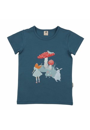 Blue t-shirt with design of girl in white dress reaching toward large red and white mushrooms, white rabbit, and caterpillar.