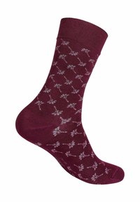 Calzini alla caviglia bordeaux con un motivo floreale grigio chiaro, dotati di un polsino a costine e una superficie liscia, progettati per offrire comfort e stile.